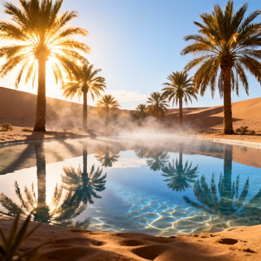AI oasis with palms and reflective water