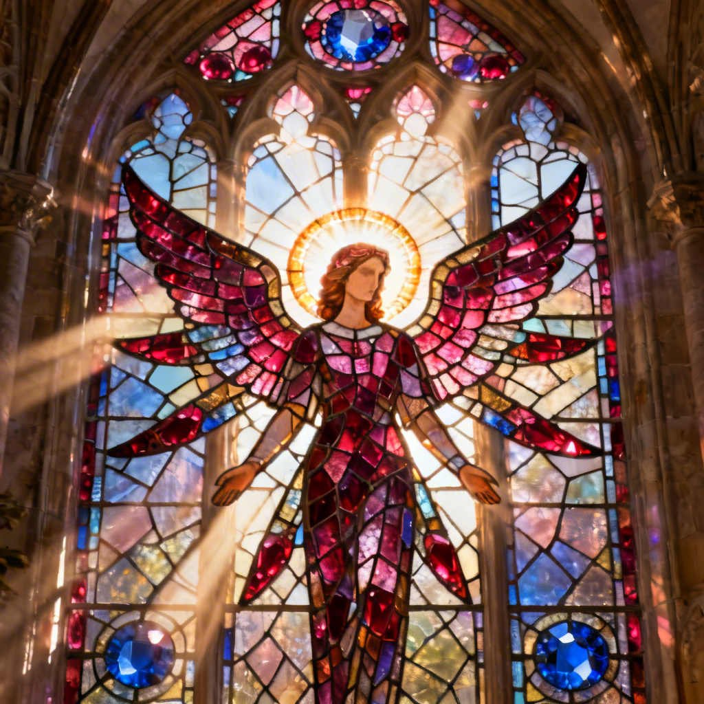 Stained glass seraph with six wings and jewel-tone panes