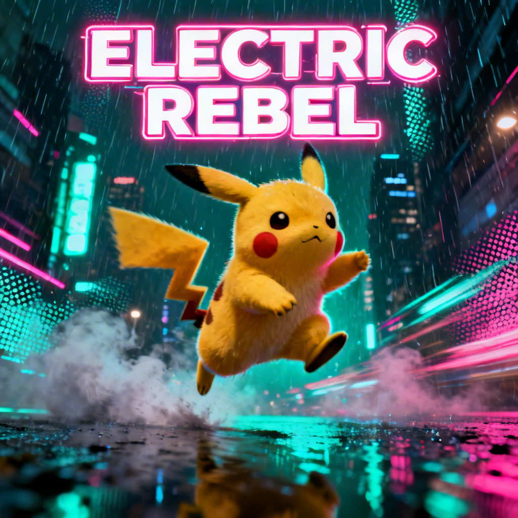 Cyberpunk neon Pikachu poster with glowing typography