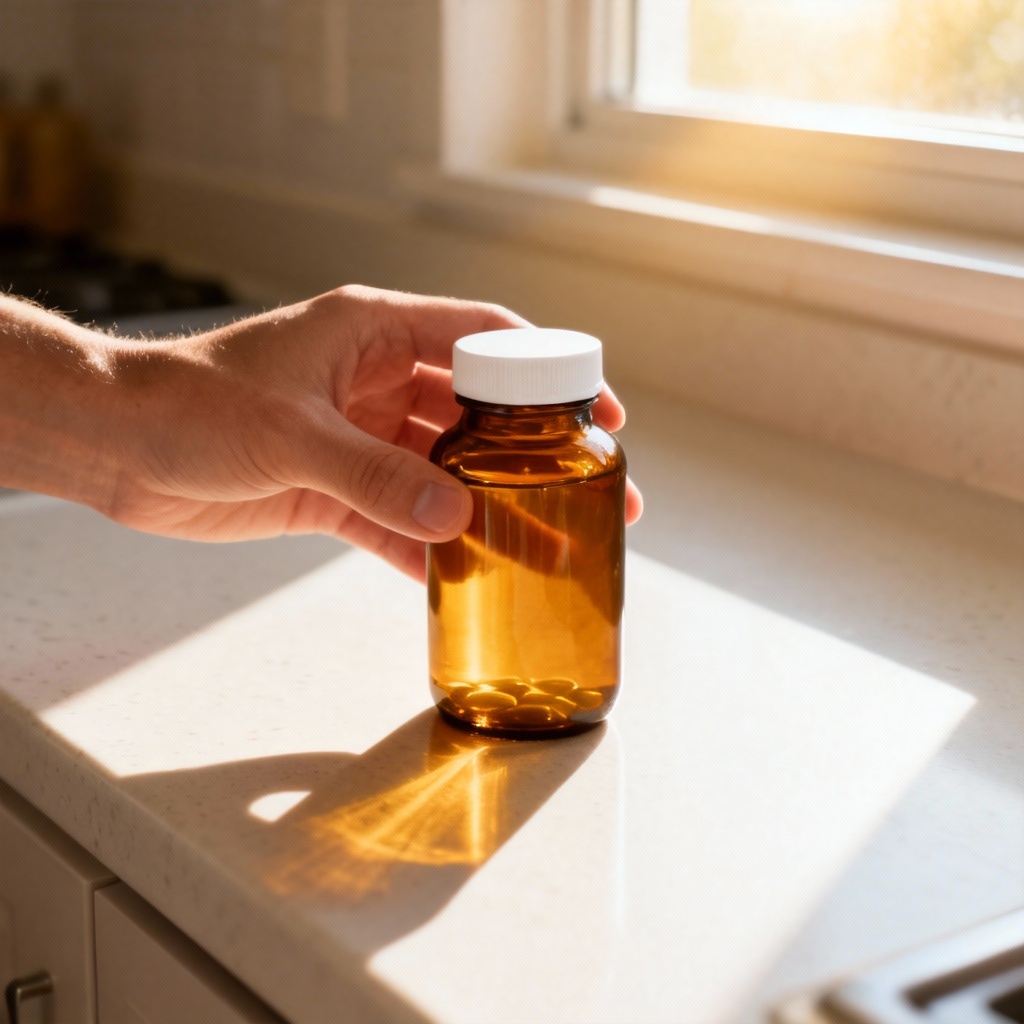AI vitamin bottle in hand kitchen lifestyle