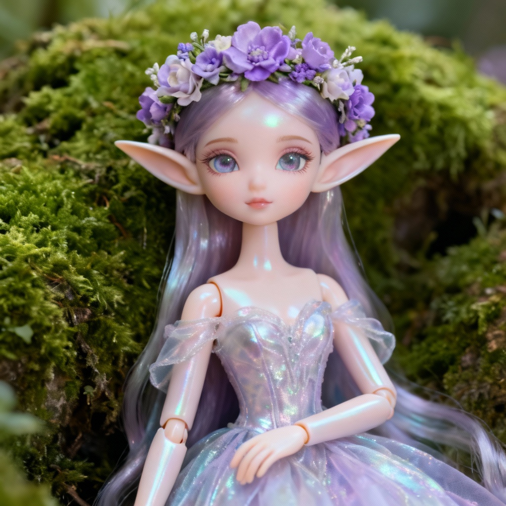 AI fantasy elf doll with pearlescent finish and floral crown