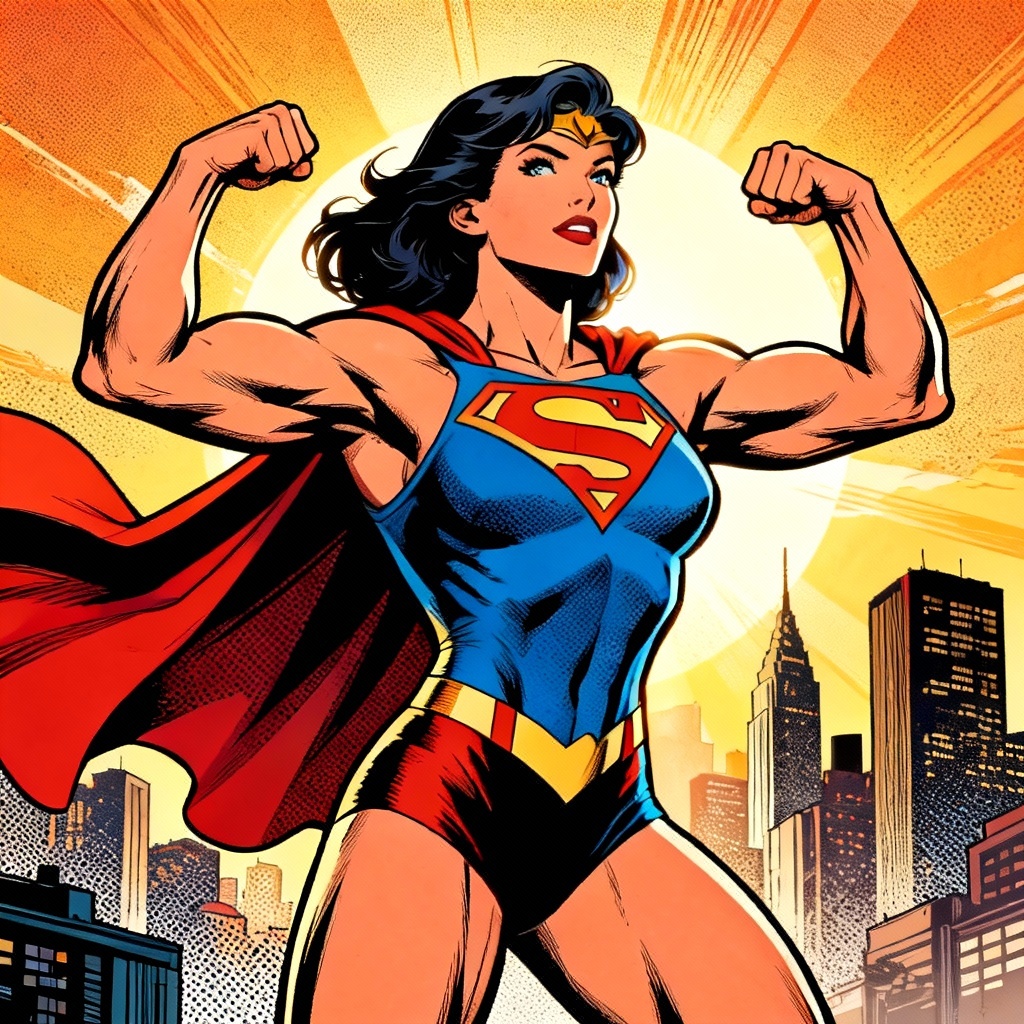 AI comic cover of a strong female bodybuilder