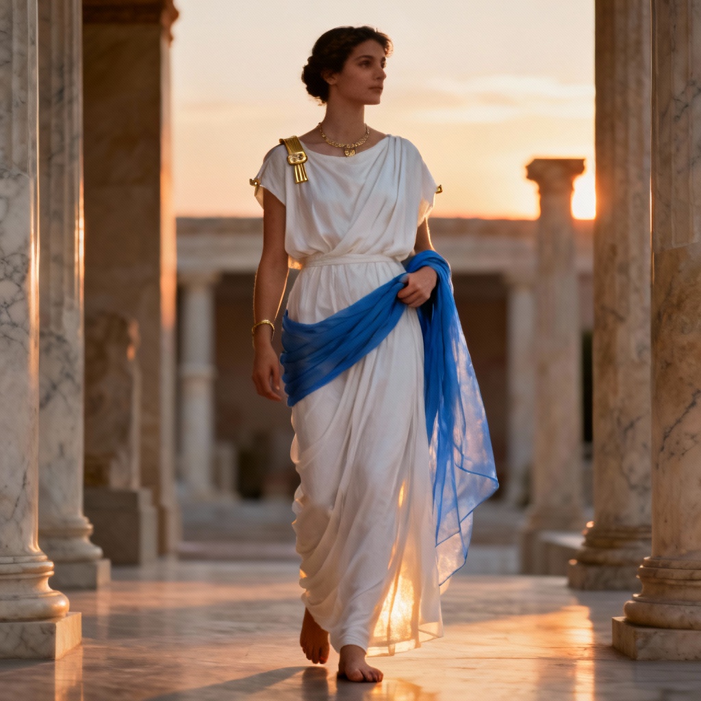 AI ancient Greek peplos dress with gold brooches in a marble hall
