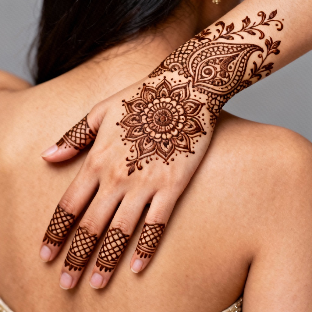 AI henna bridal back hand design with mandala, paisley, and jaali