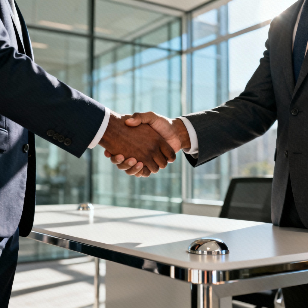AI handshake between diverse professionals in a modern office