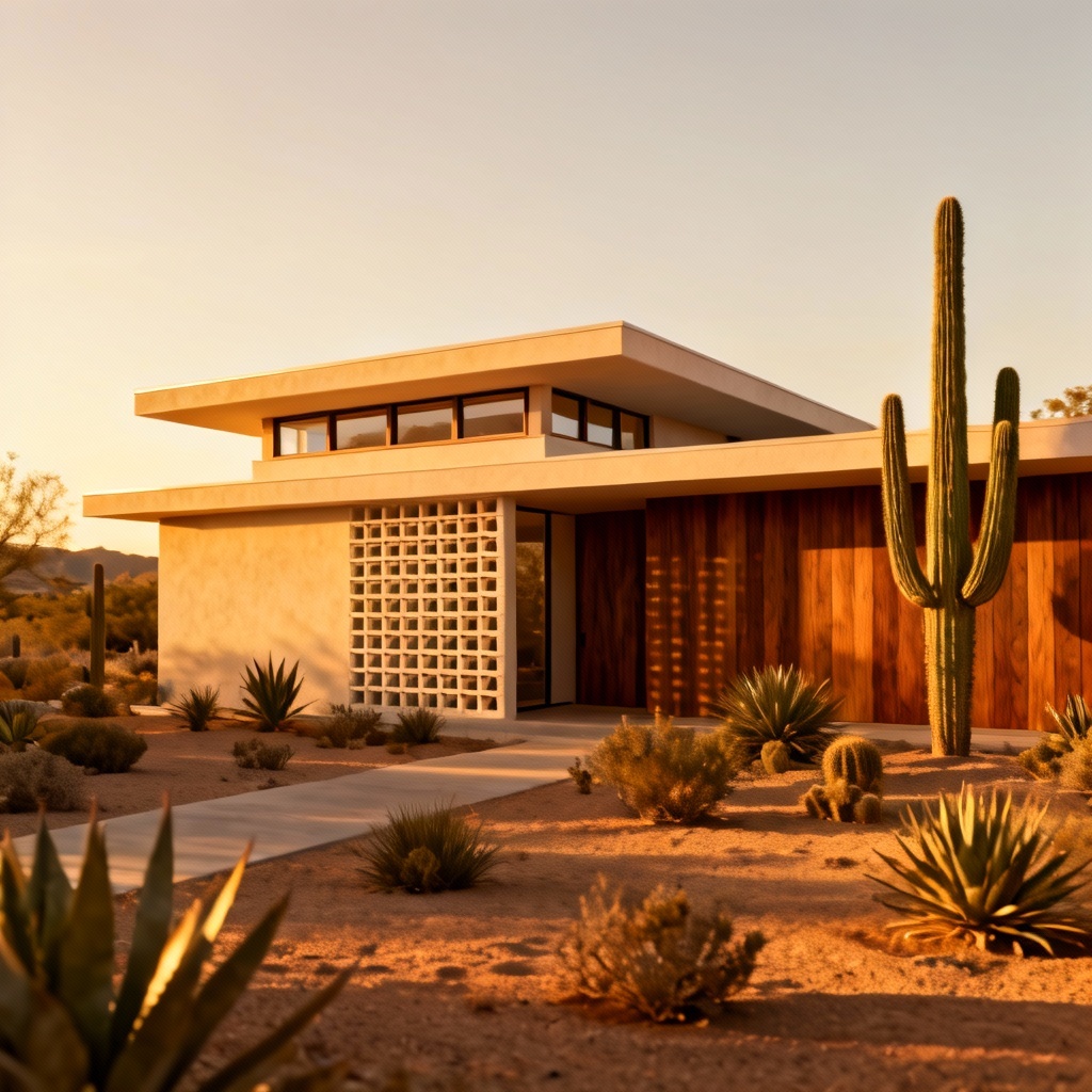 AI mid-century modern contemporary home facade