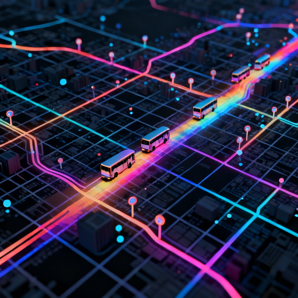 AI aerial bus network heatmap with route and ridership overlay