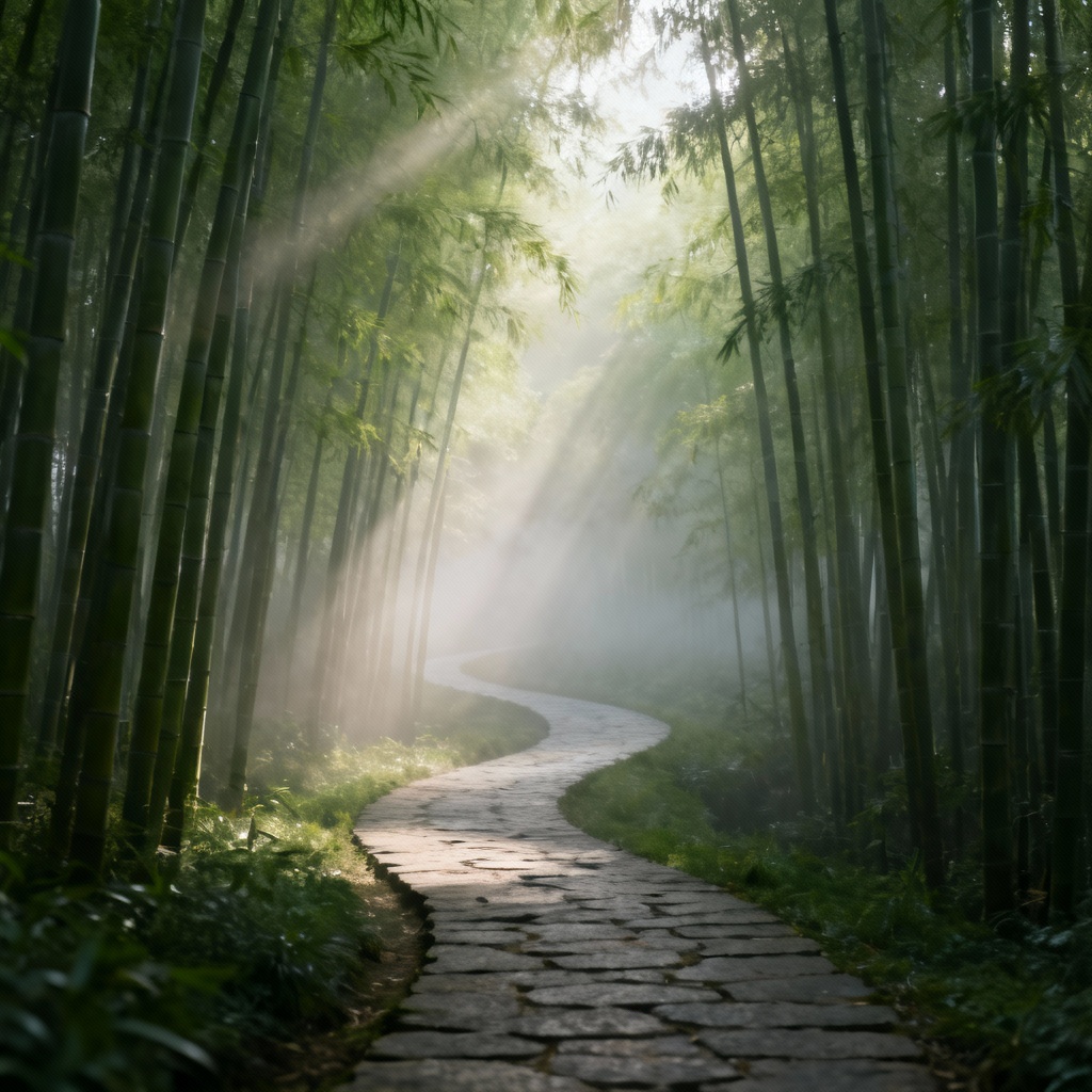 AI morning walk in bamboo forest path