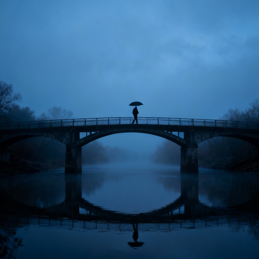 AI generated blue hour bridge scene with solemn mood