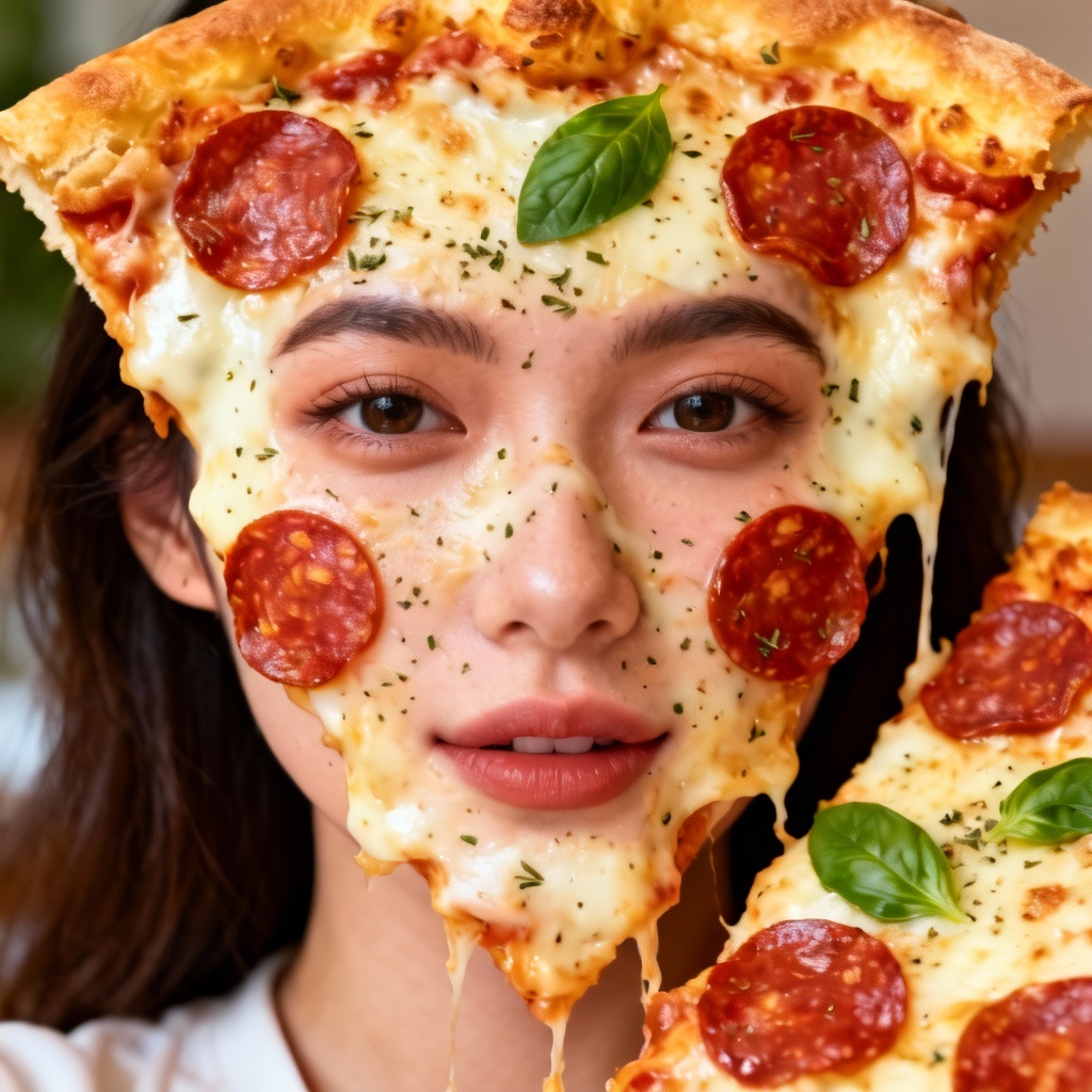 Pepperoni pizza portrait with cheese texture and basil accents