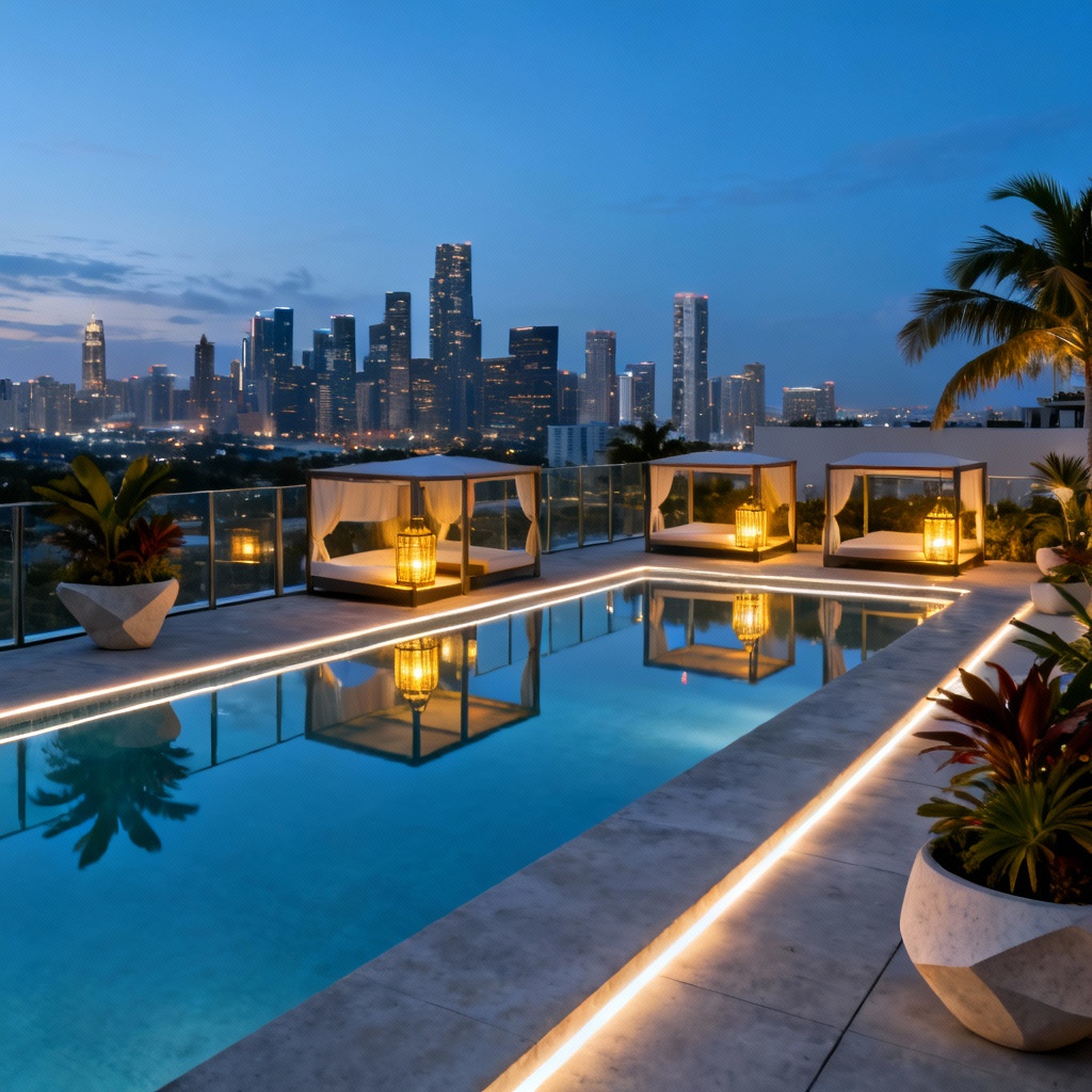 Rooftop luxury pool with city skyline and cabanas
