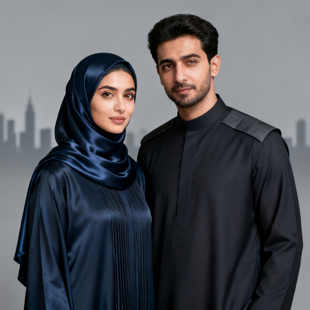 AI modern Muslim couple portrait with minimalist city backdrop