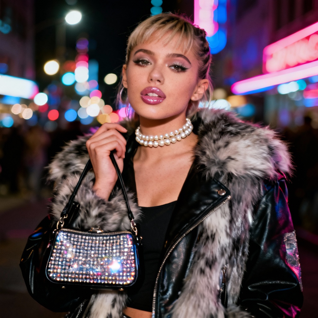 AI Y2K popstar street style with paparazzi flash