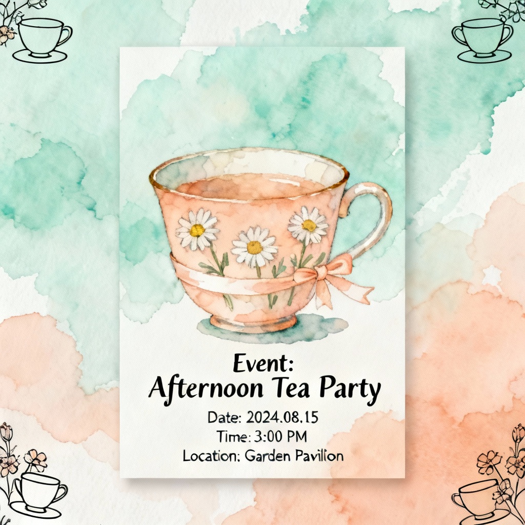 AI tea party pastel floral invitation card