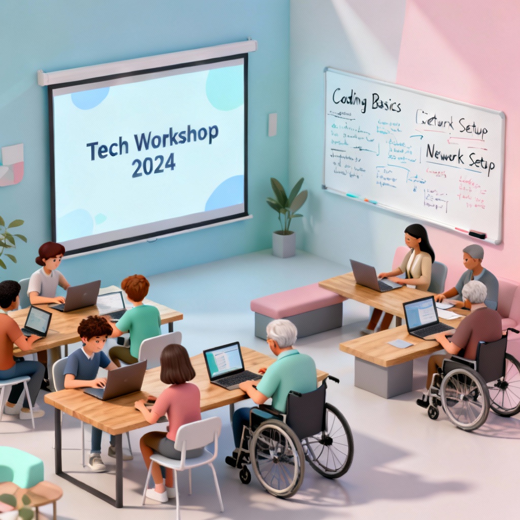 Isometric scene of a tech workshop at a community hub