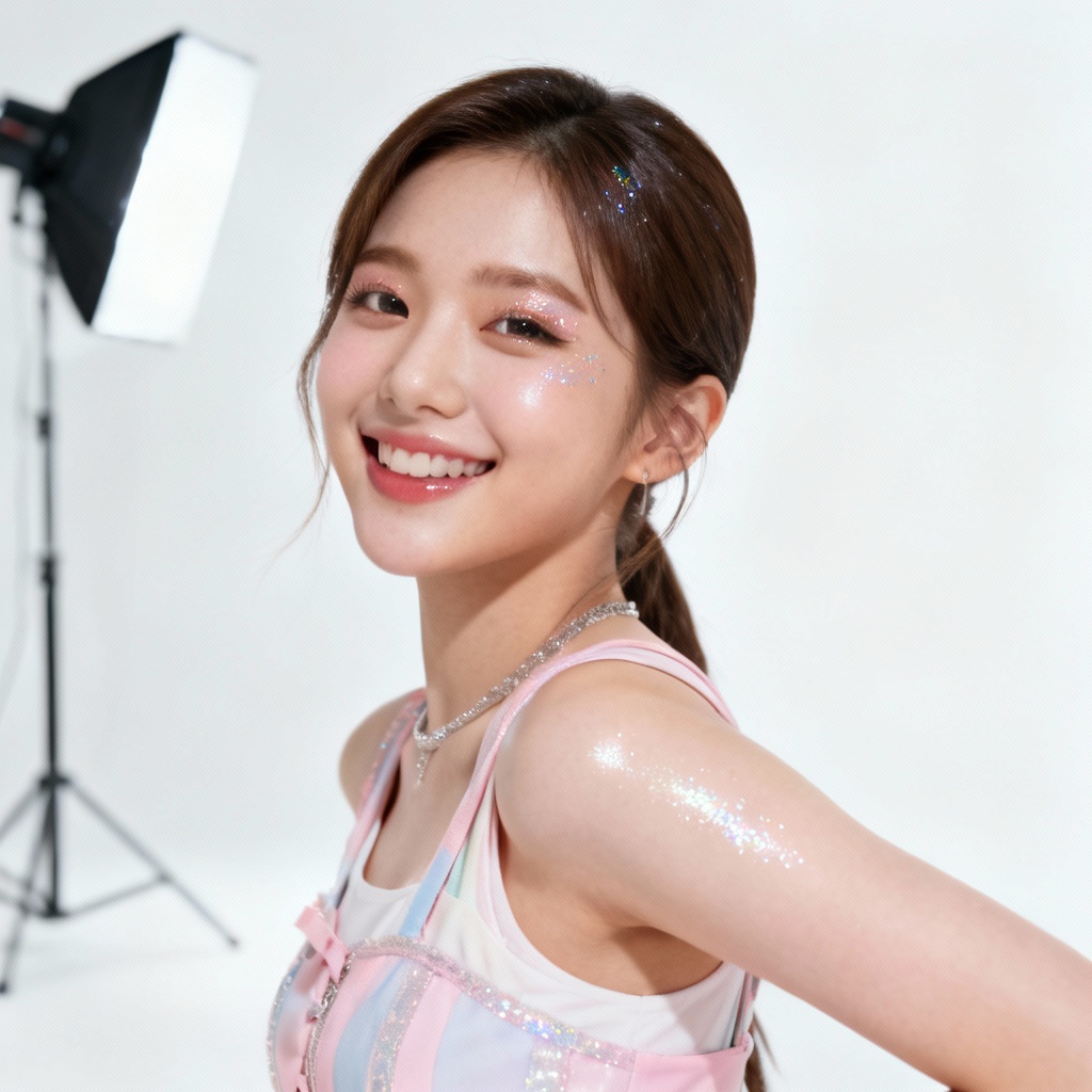 AI K-pop idol studio portrait with soft lighting and pastel styling