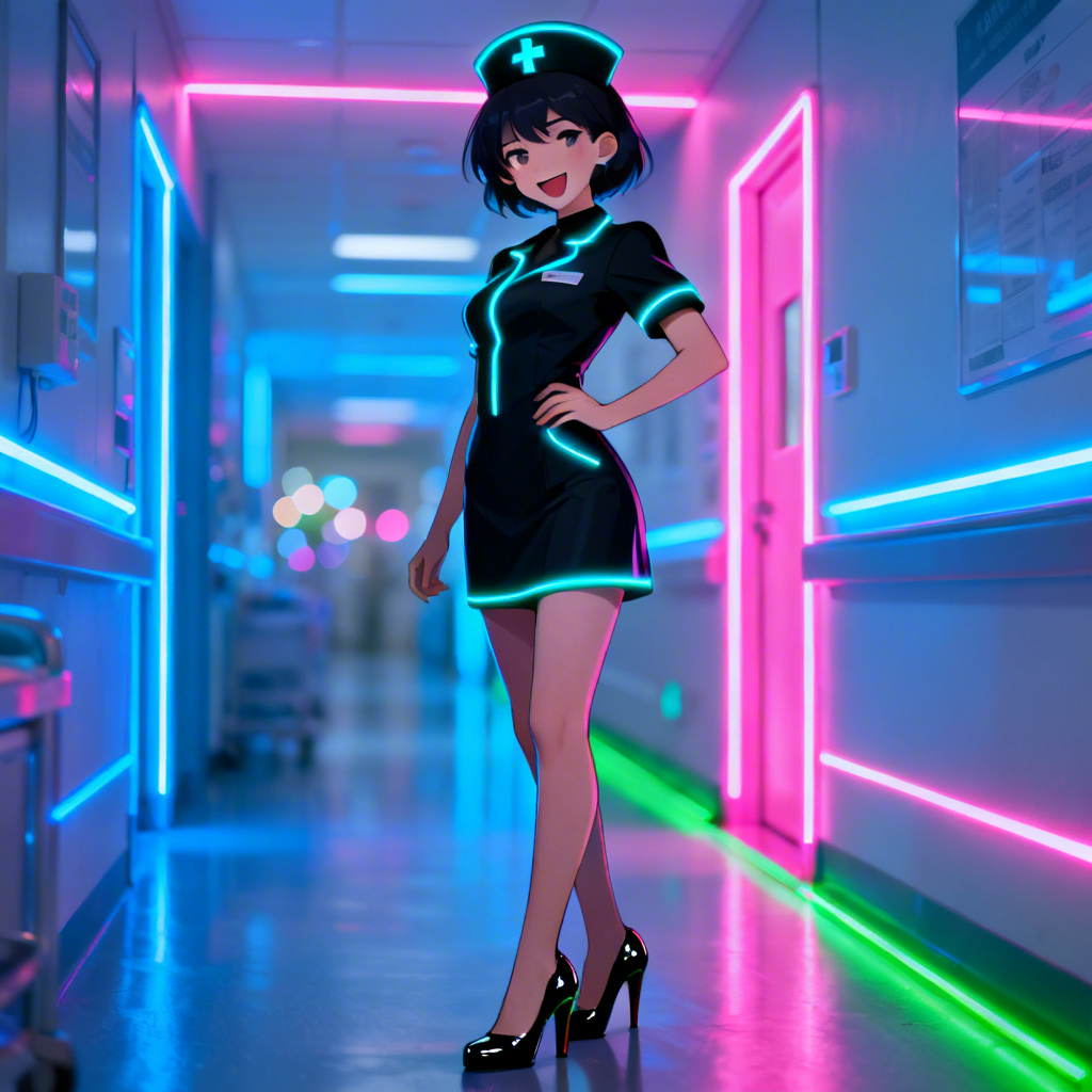 Neon cyberpunk sexy nurse character