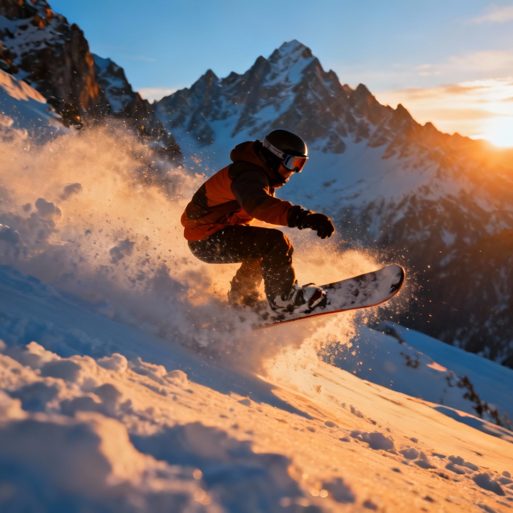 AI snowboarder carving powder at golden hour