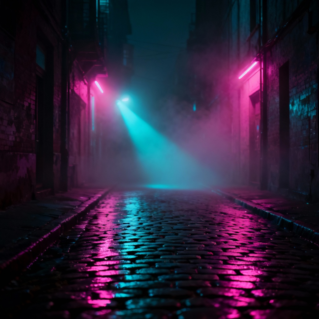 Cinematic neon noir alley with fog and low key lighting