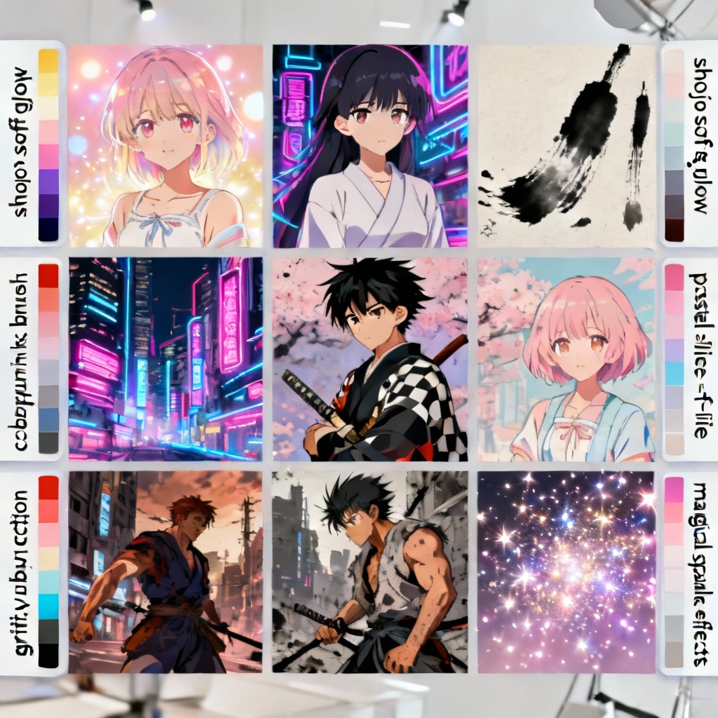 AI anime influence map grid with mixed styles and color palettes