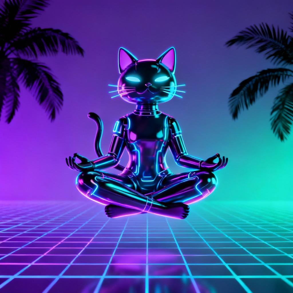 Vaporwave AI neon cat floating in lotus pose