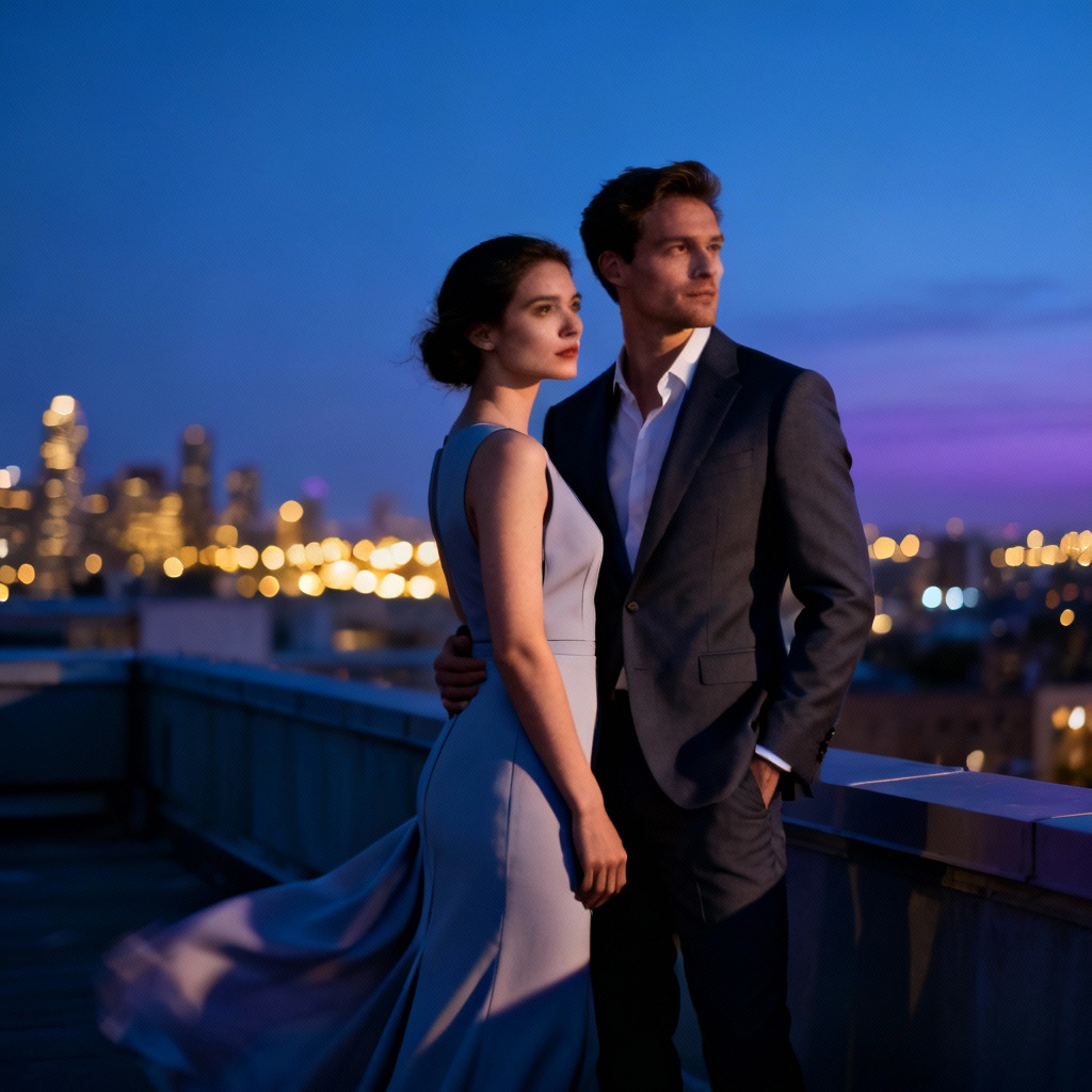 AI modern city rooftop wedding couple