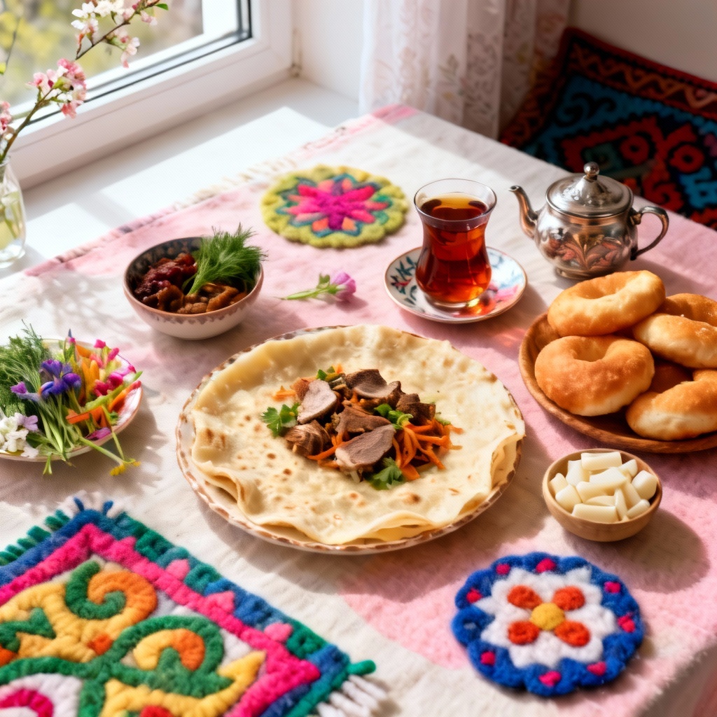 AI Nauryz feast tabletop with traditional dishes