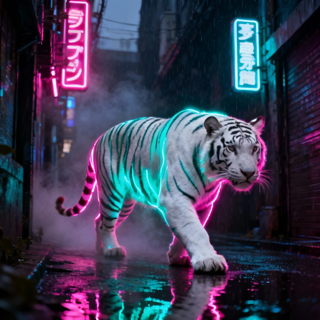 Cyberpunk white tiger with glowing stripes in neon city