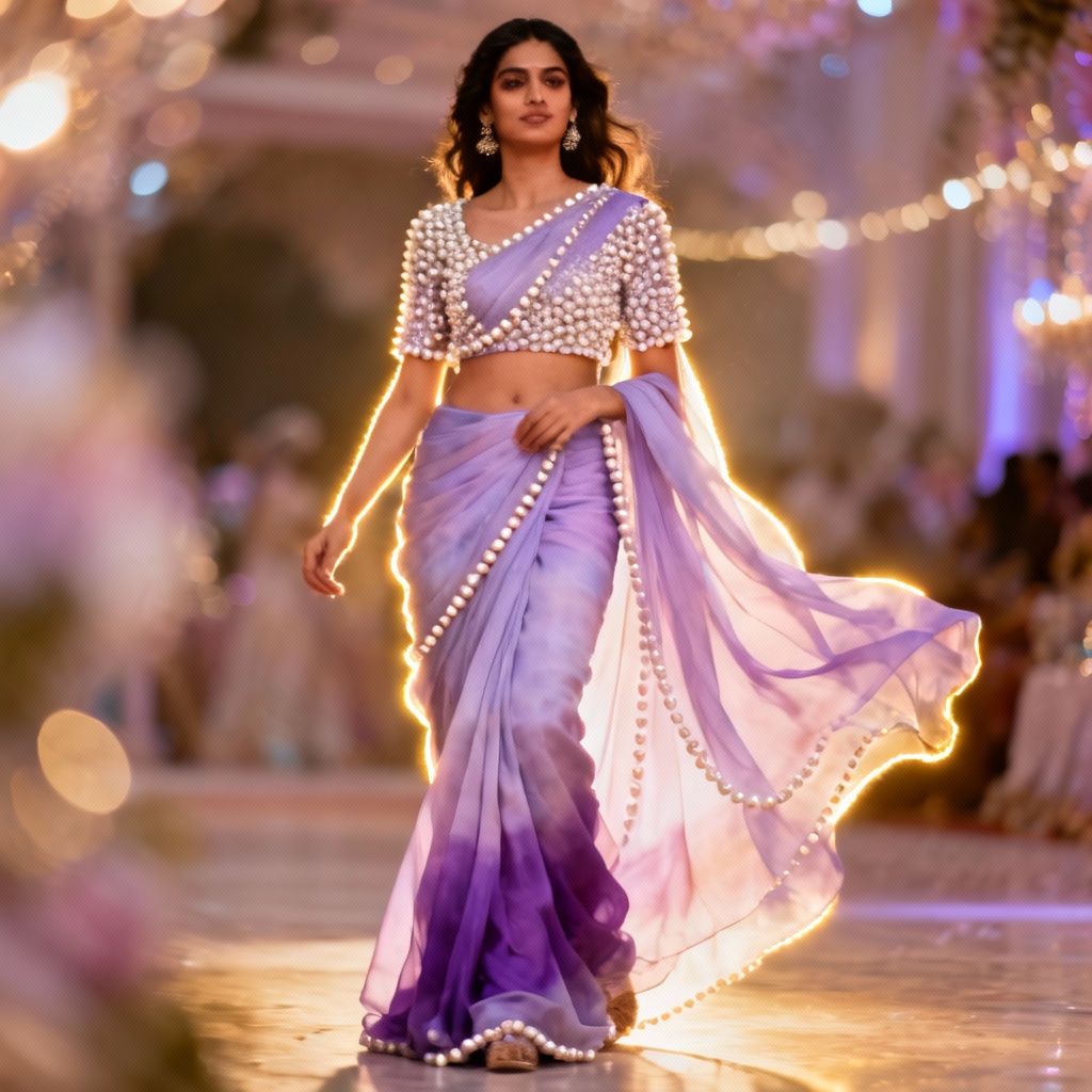 AI Lavender Ombre Georgette Purple Saree For Sangeet