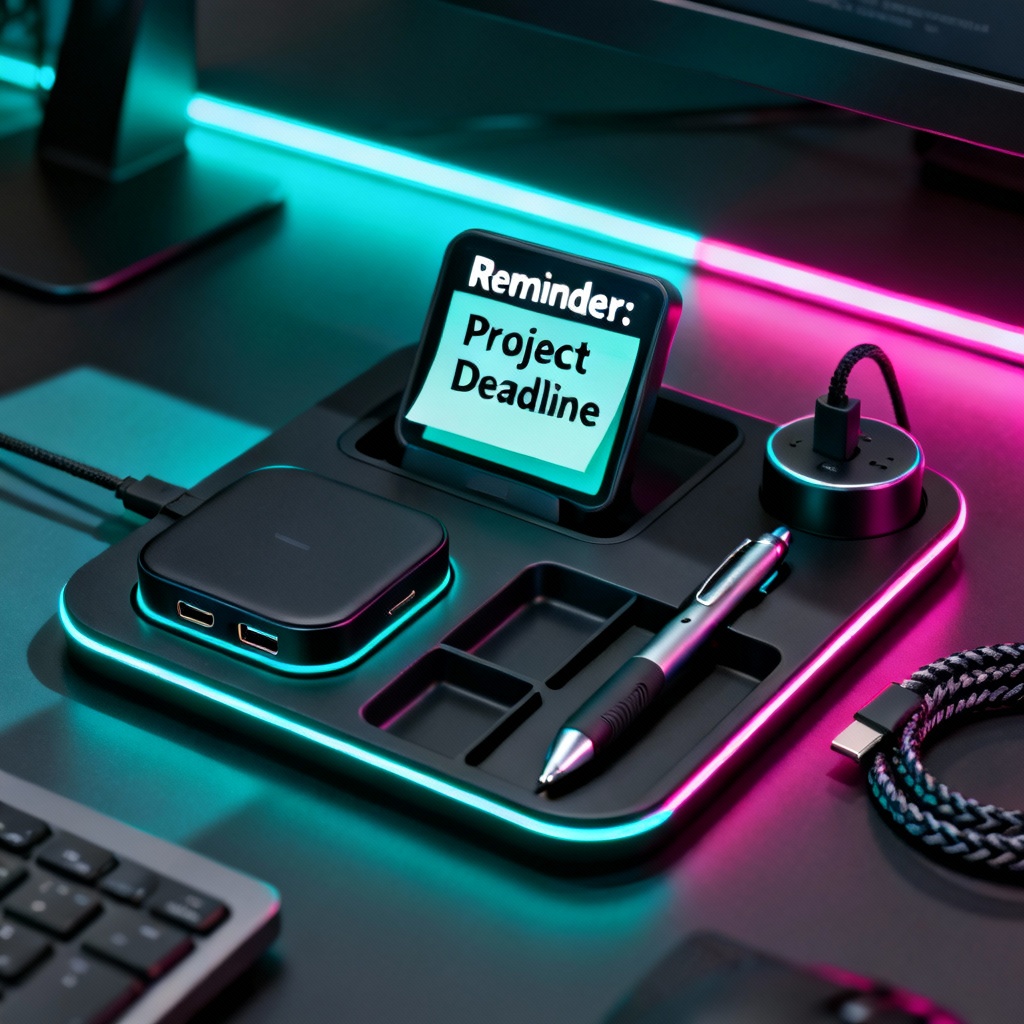 Futuristic smart desk accessory set with neon accents