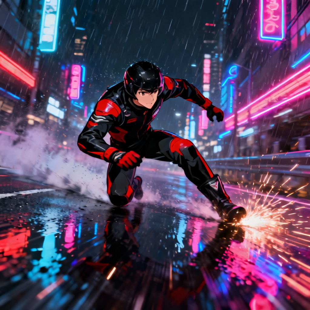 Pembalap jalanan neon bergaya anime dengan efek hujan
