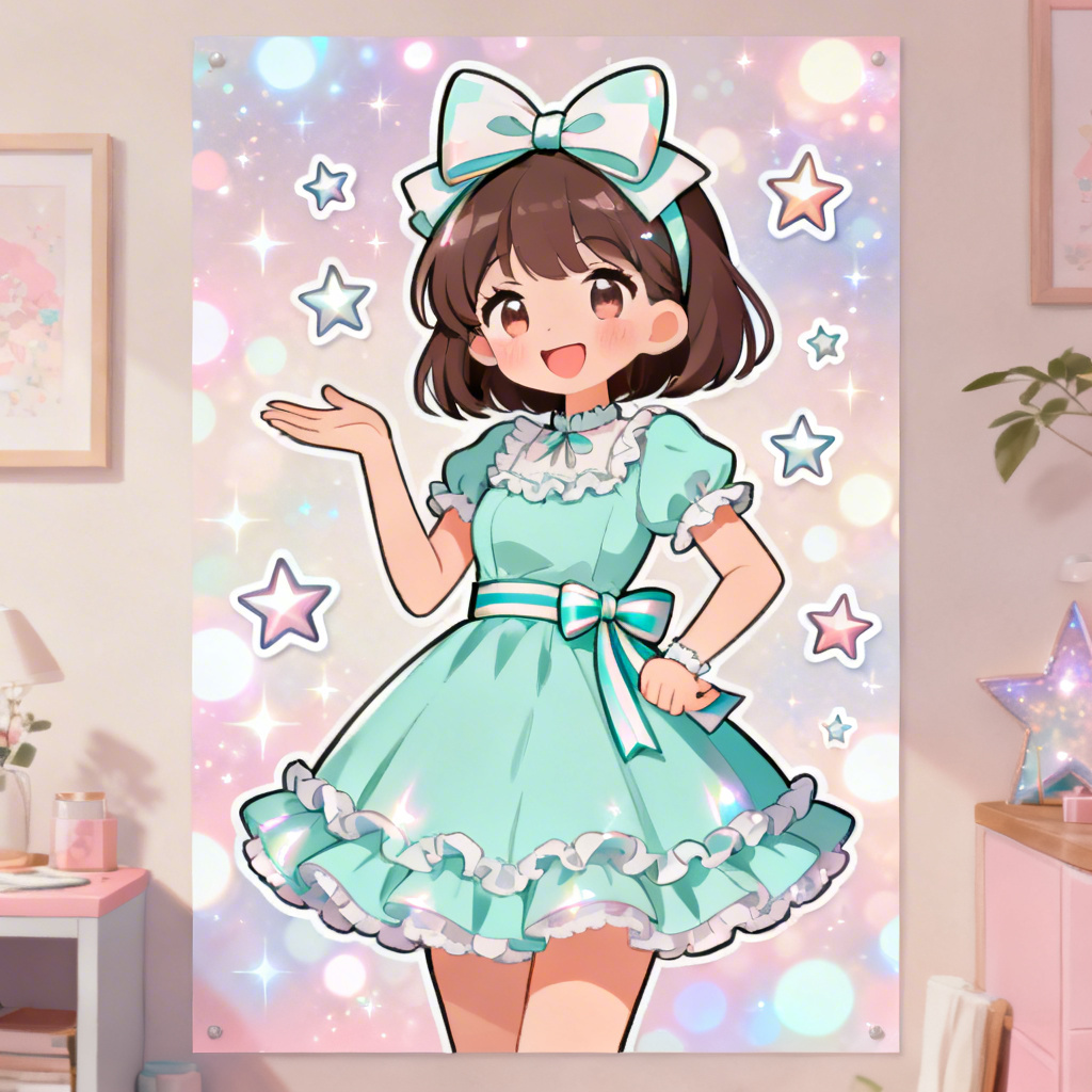 Kawaii anime poster girl in a pastel sundress with ribbons