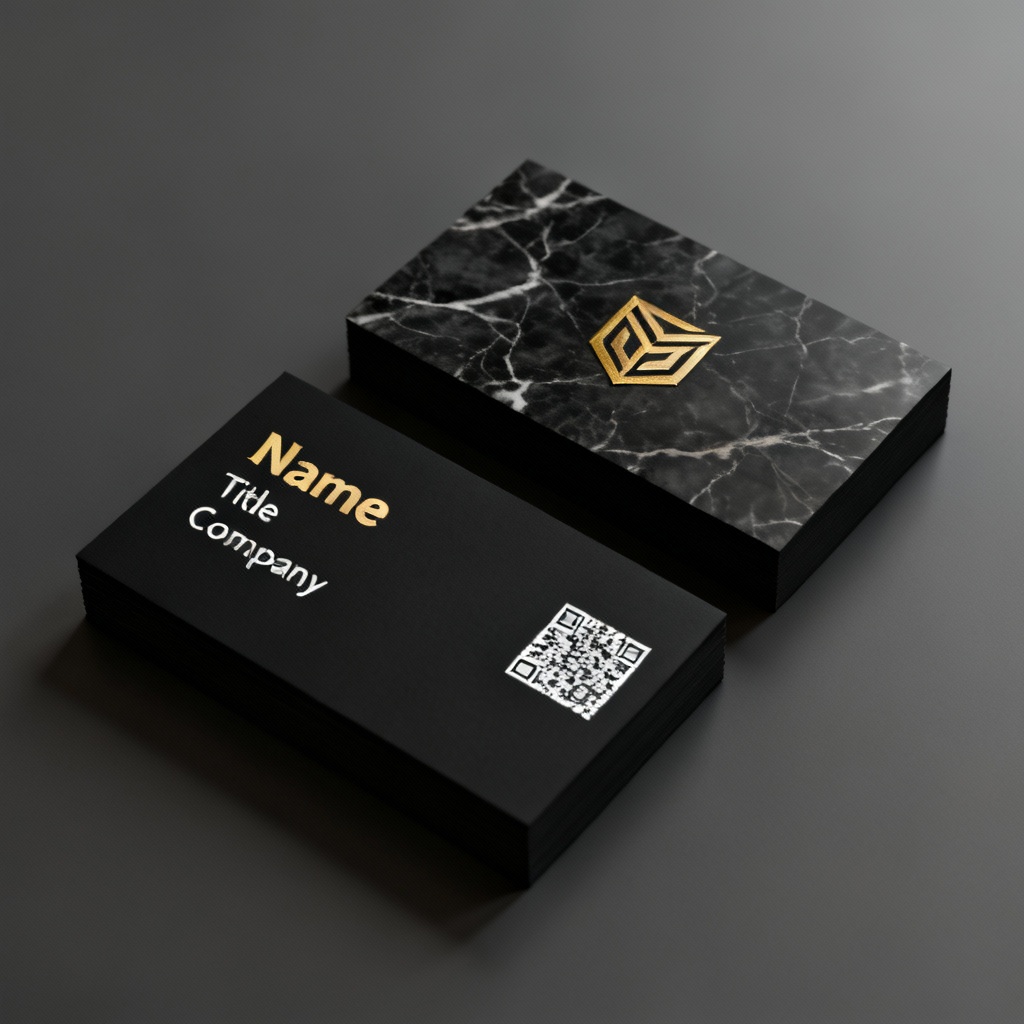 Minimalist black and gold foil visiting card mockup with logo and QR code