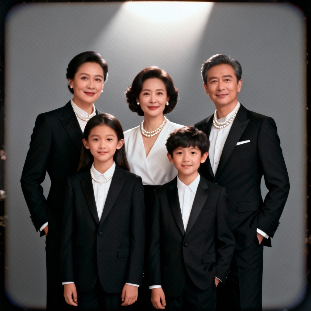 AI formal studio family portrait with classic backdrop and soft lighting
