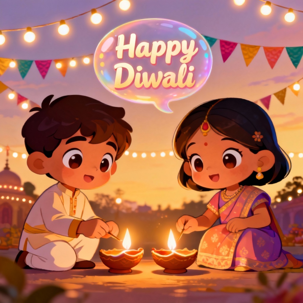 Cute kids cartoon Diwali scene lighting diyas