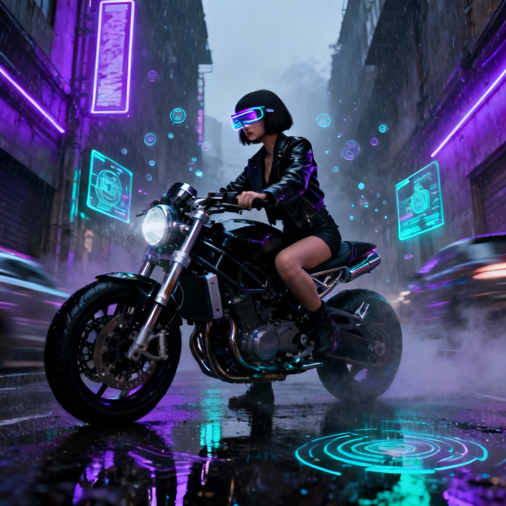 AI cyberpunk neon street biker girl
