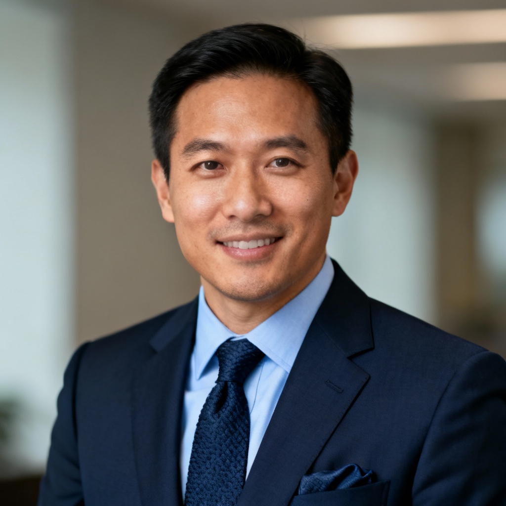 AI business headshot in navy blue notch lapel suit