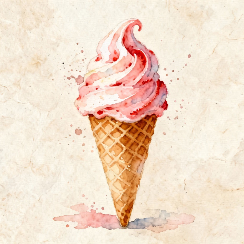 Watercolor strawberry swirl ice cream in waffle cone