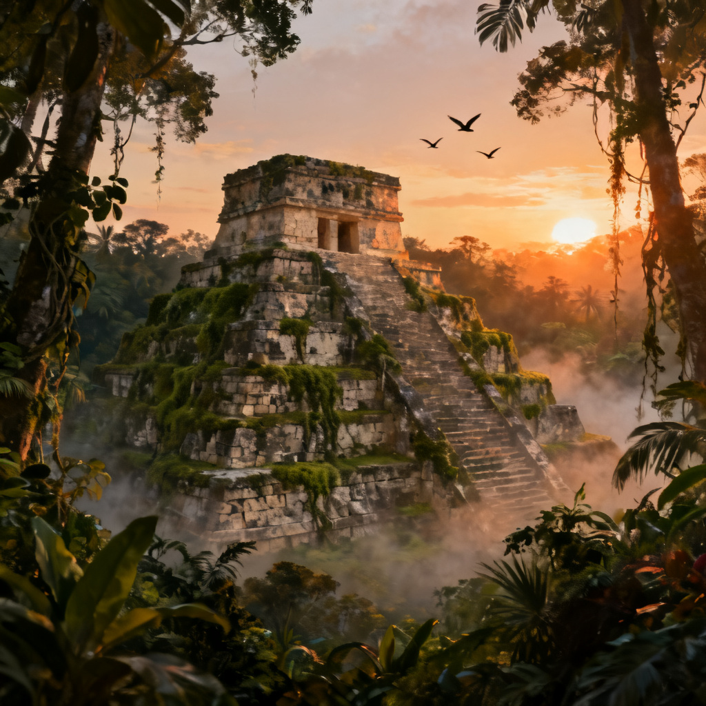 AI Mayan pyramid rising above rainforest at dawn