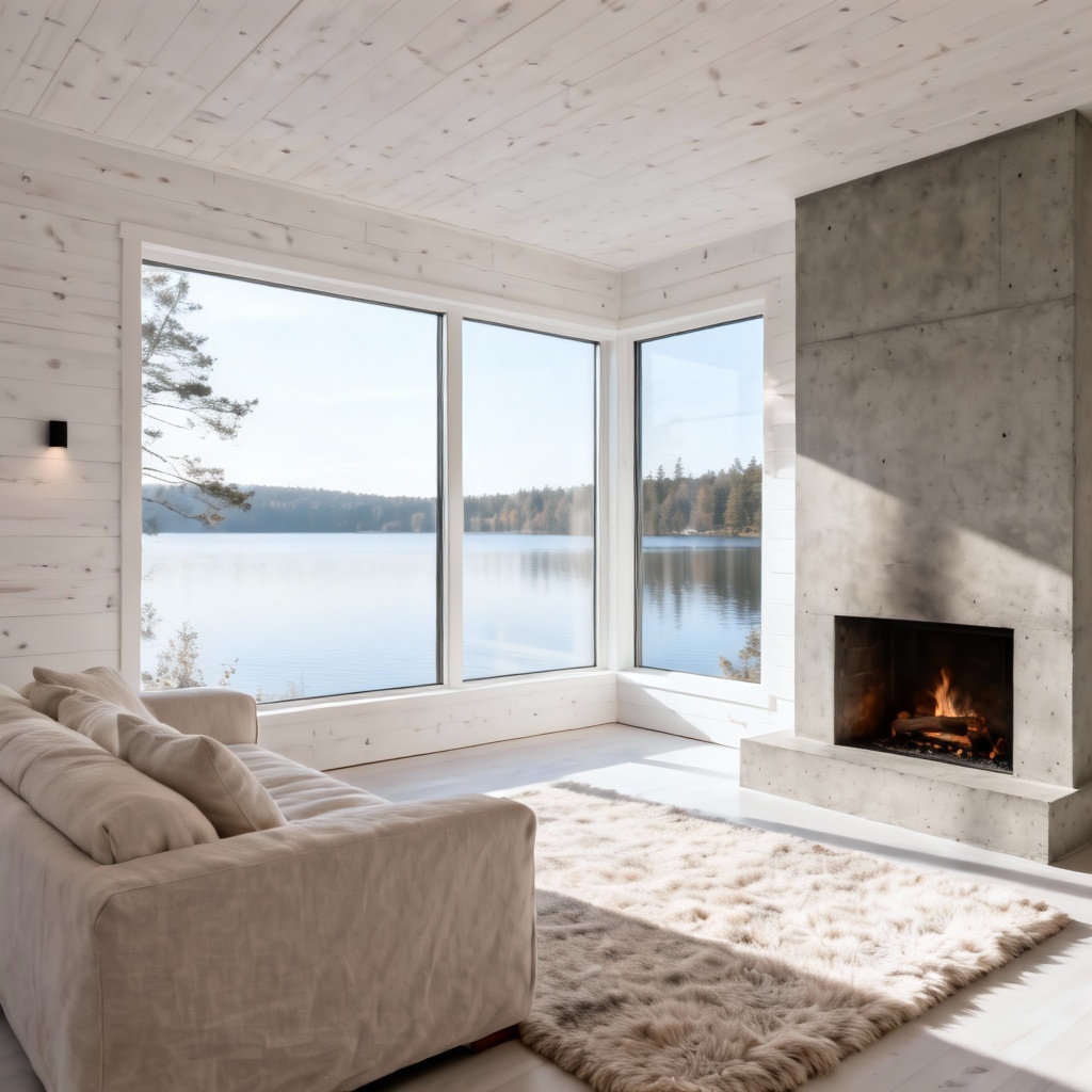 Scandinavian minimal cabin interior with fireplace