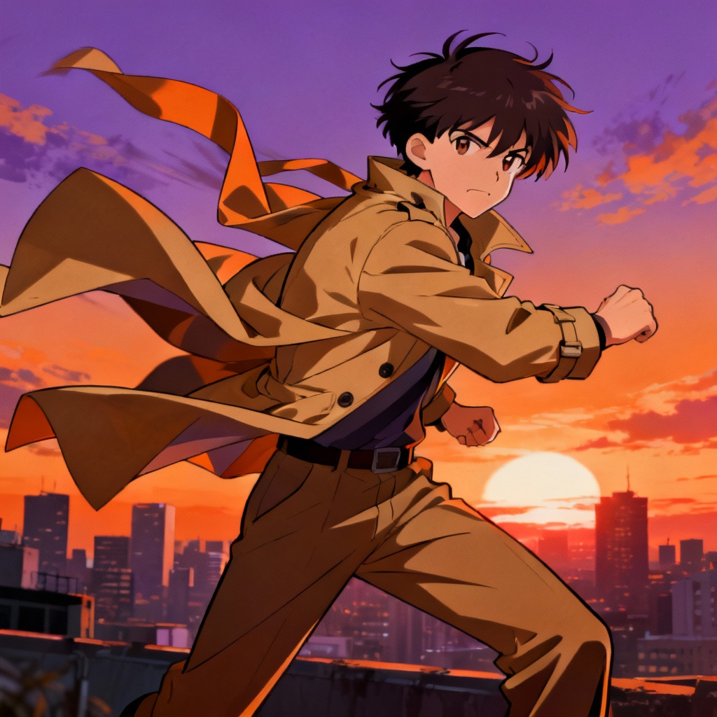 AI anime character in tan trench coat with city skyline