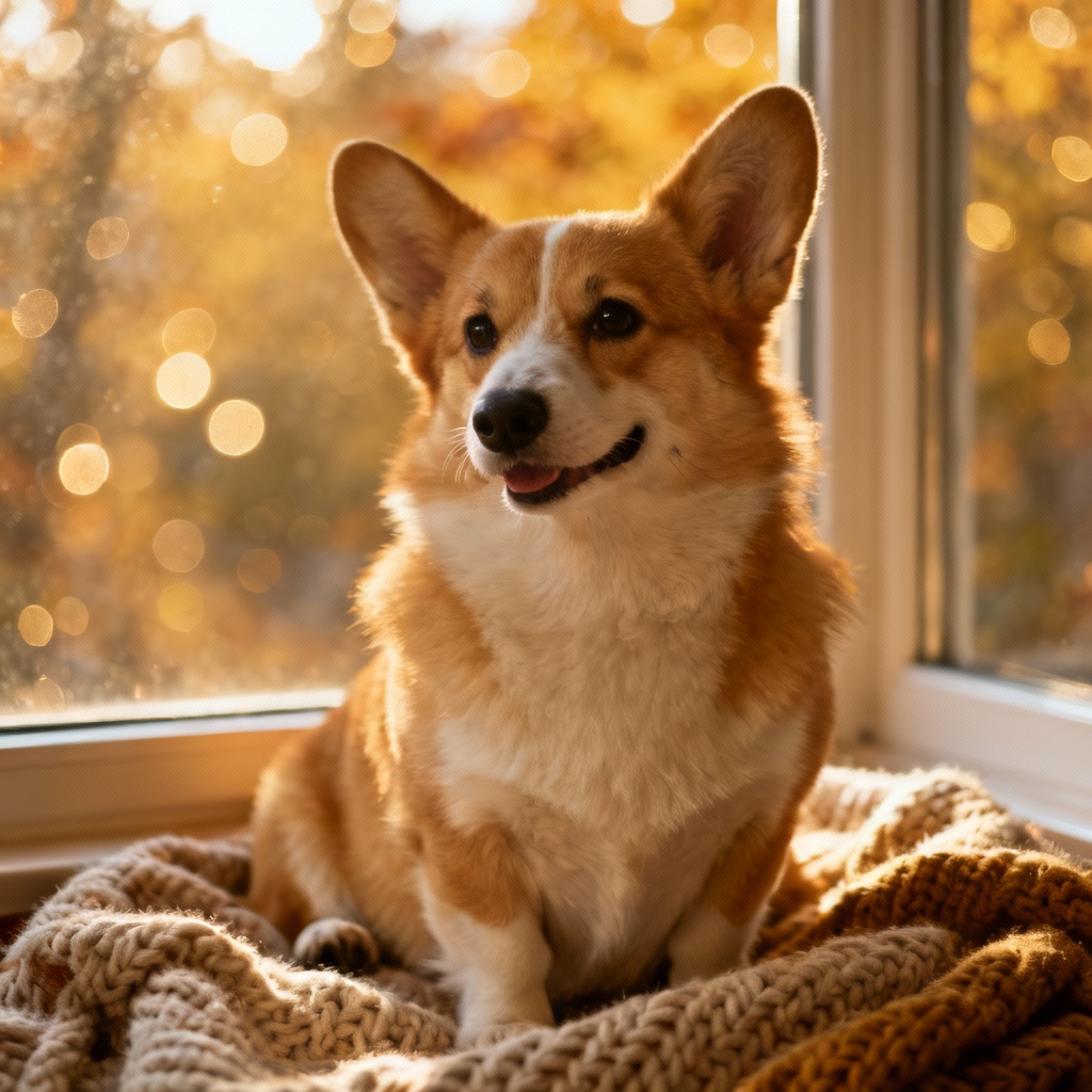 AI cozy corgi portrait with warm soft light