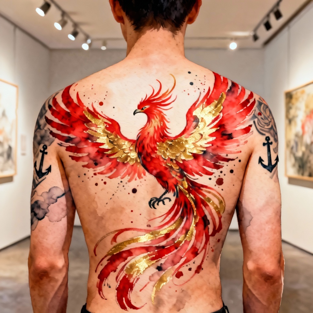 AI Watercolor Phoenix Back Tattoo