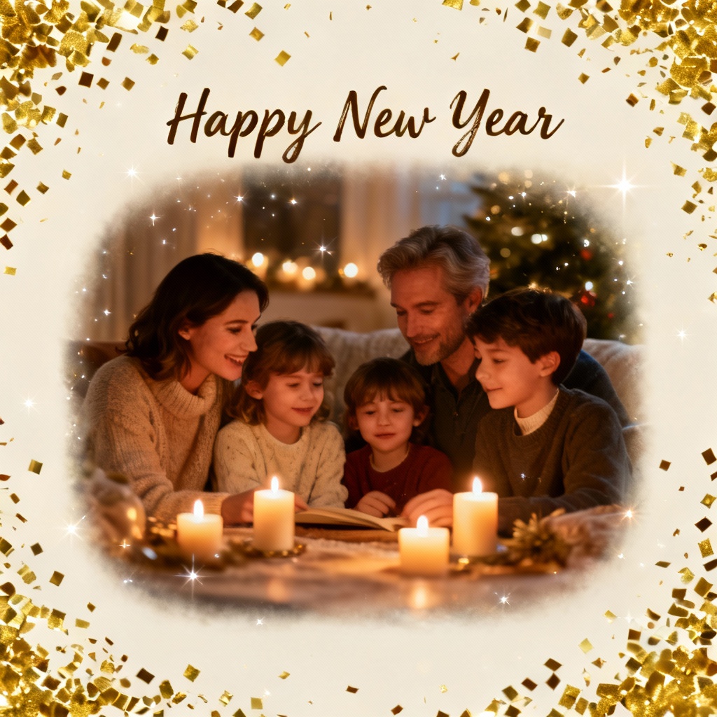 AI New Year greeting card with family photo frame