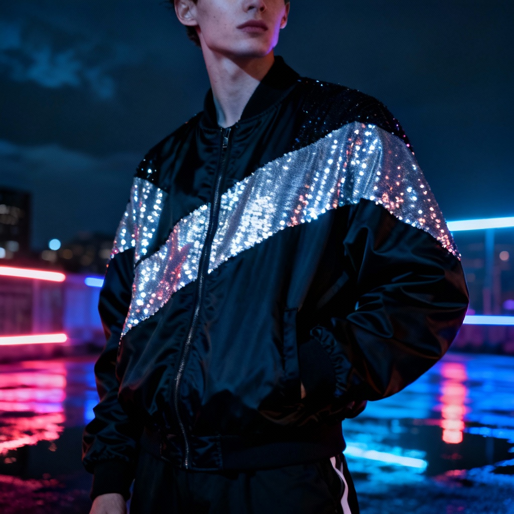 AI streetwear sequin jacket with reflective patches