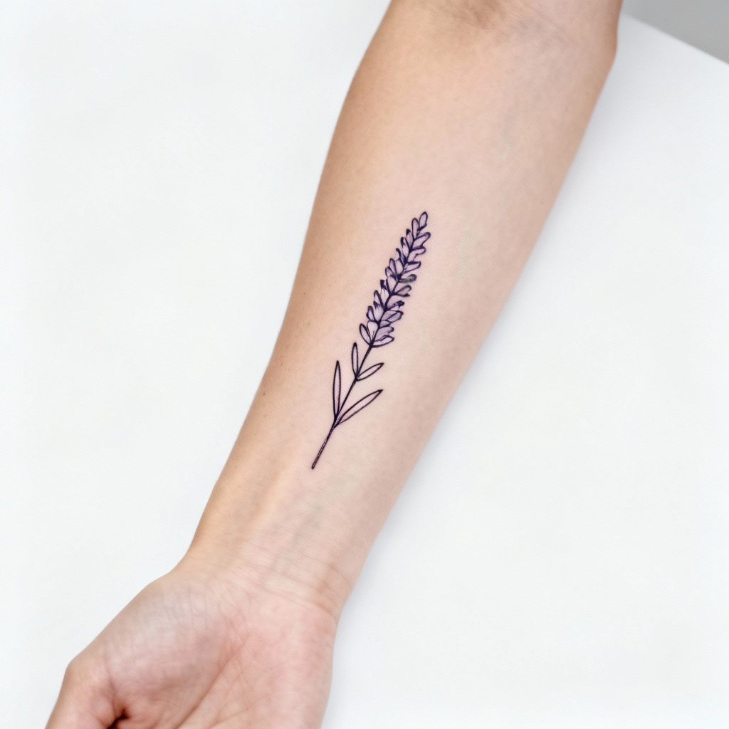 Minimalist lavender wrist tattoo linework