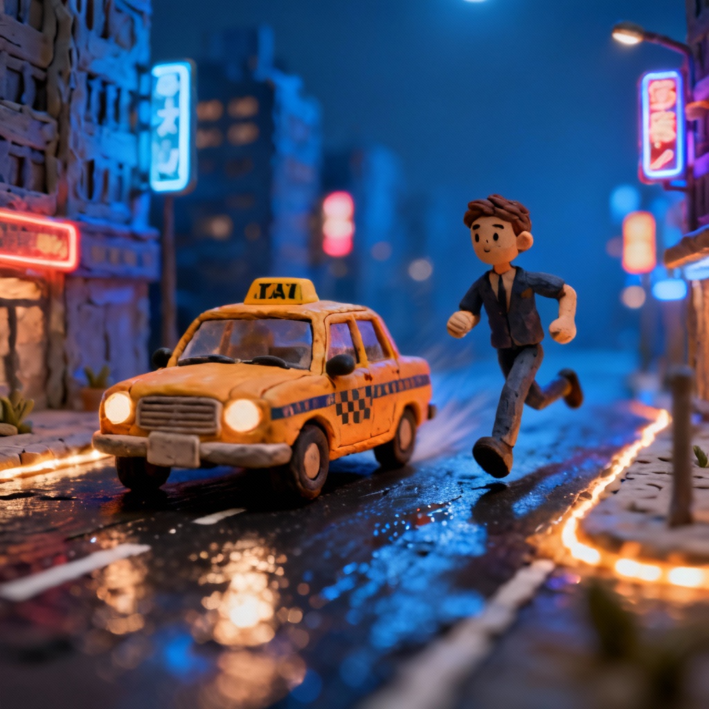 AI clay stop motion night city chase scene