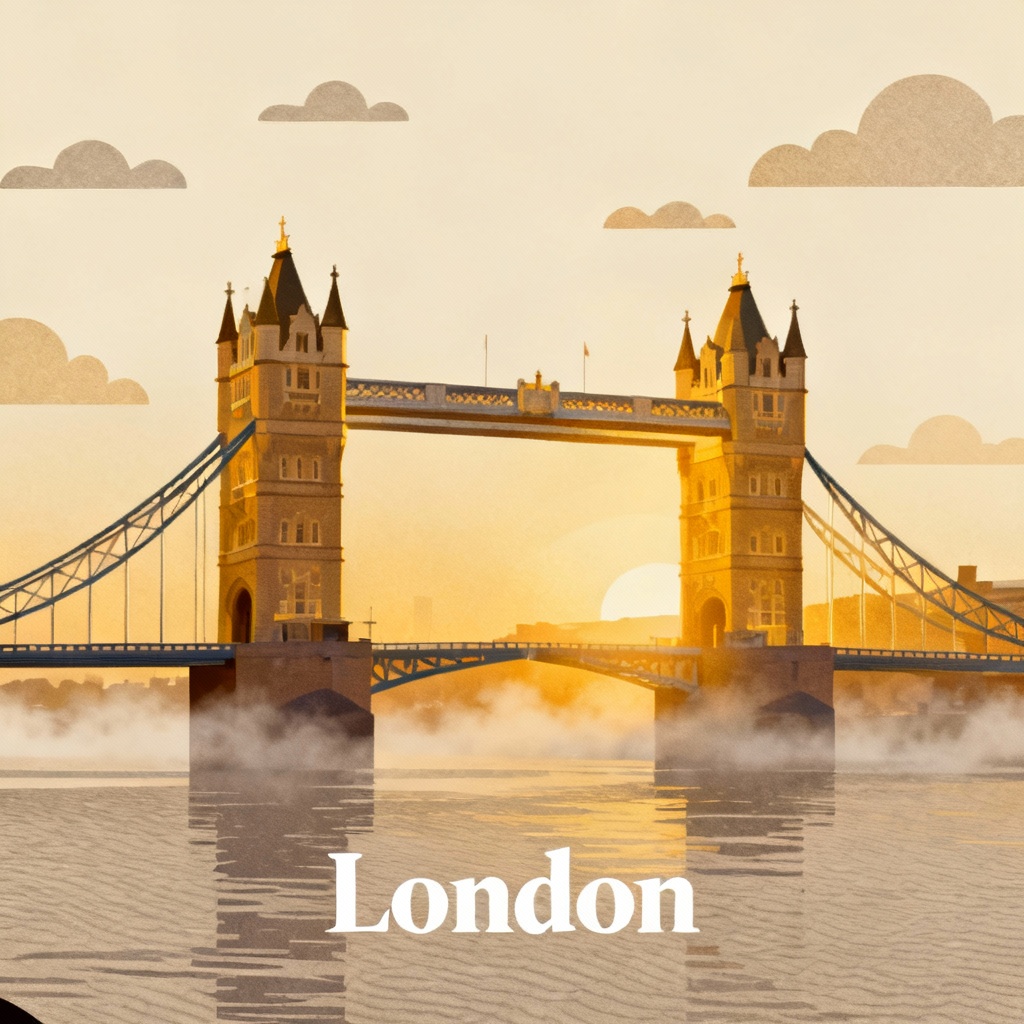 AI London image of Tower Bridge at sunrise travel poster