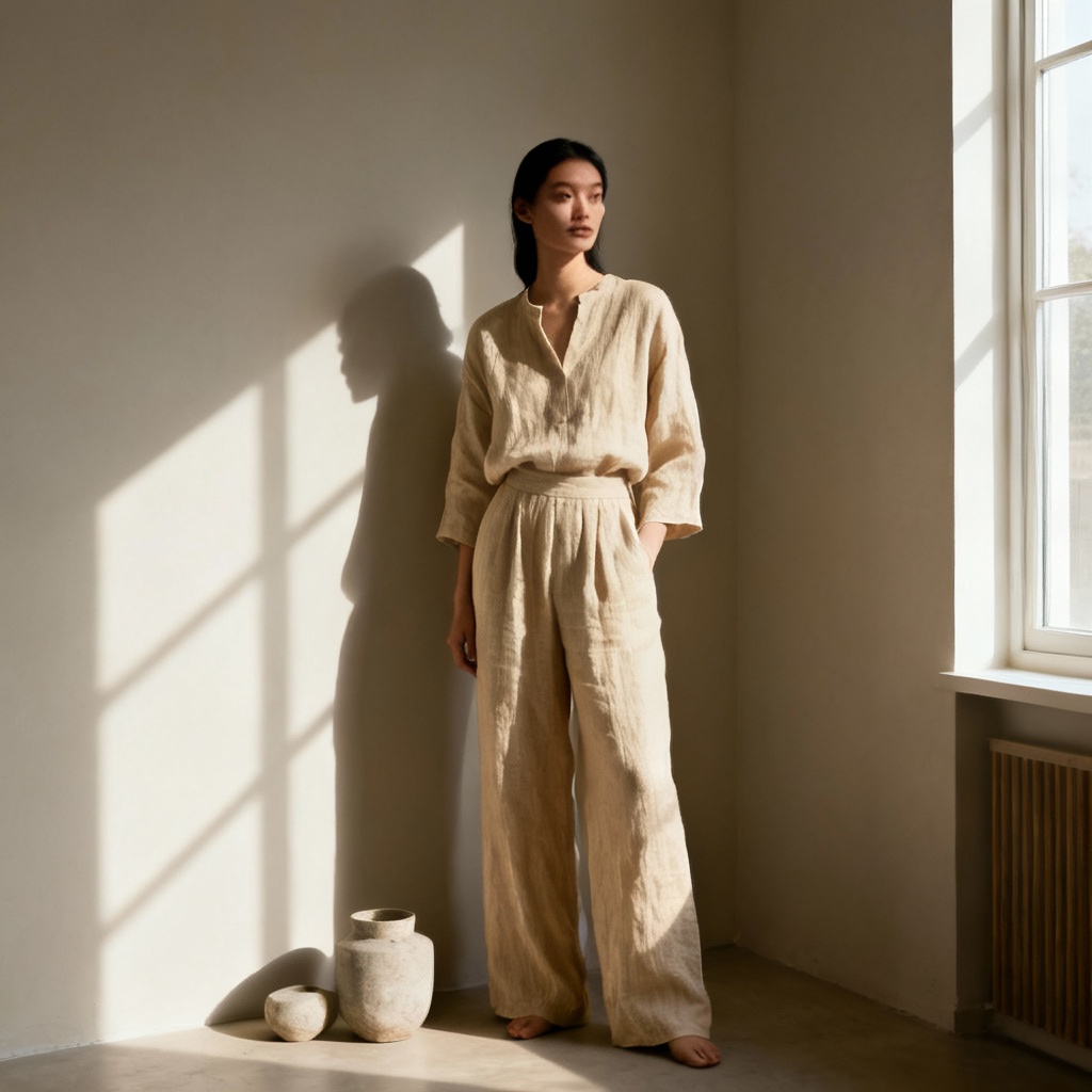 AI minimalist lookbook in sunlit studio corner