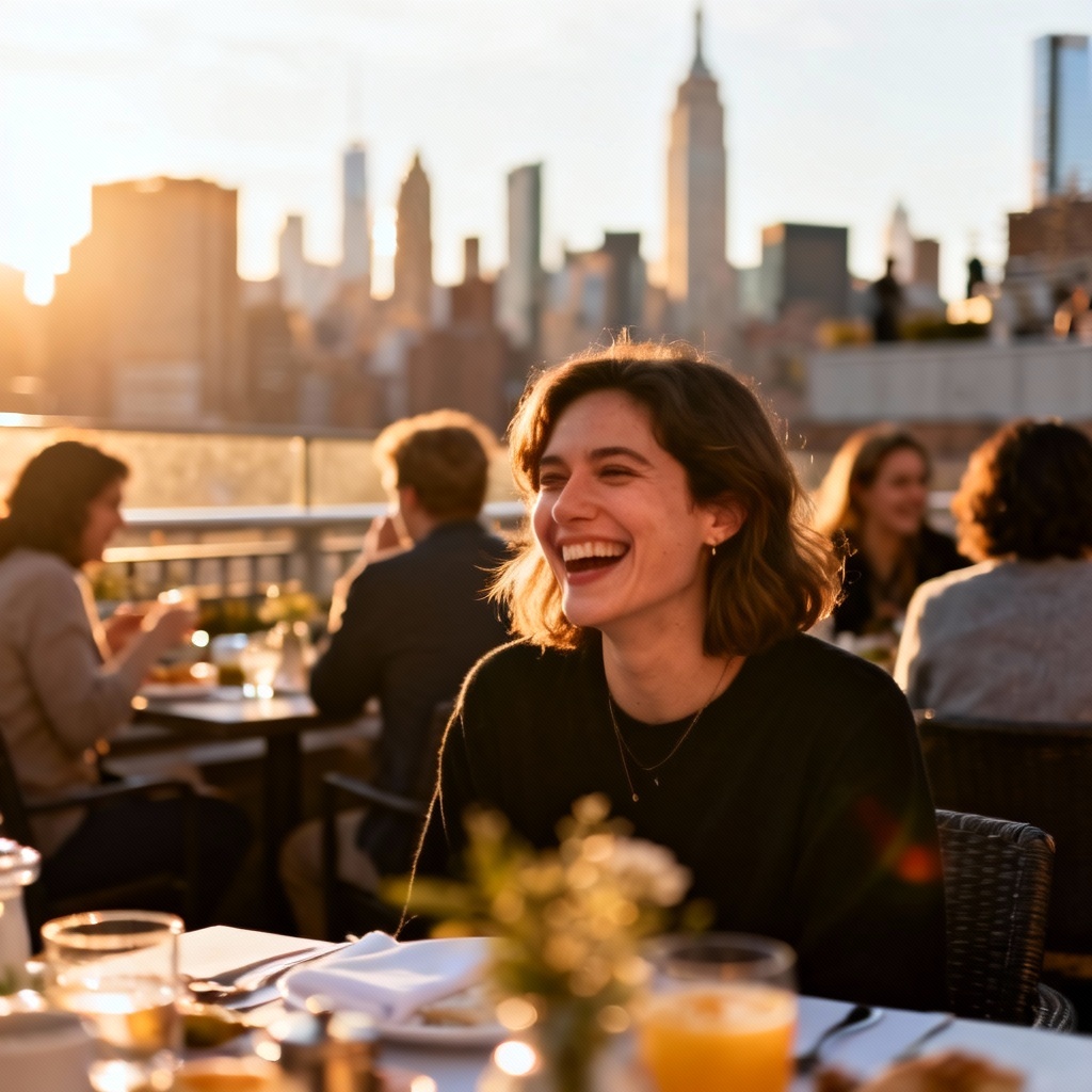 AI fake vacation photo at a New York rooftop brunch